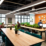 A vibrant, modern coworking space bustling with activity. Startups collaborate at shared tables, illuminated by energy-efficient lighting. Green plants adorn the area, symbolizing sustainability. In the background, a bulletin board showcases community events and local partnerships.