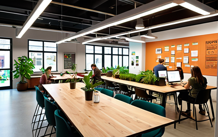 A vibrant, modern coworking space bustling with activity. Startups collaborate at shared tables, illuminated by energy-efficient lighting. Green plants adorn the area, symbolizing sustainability. In the background, a bulletin board showcases community events and local partnerships.